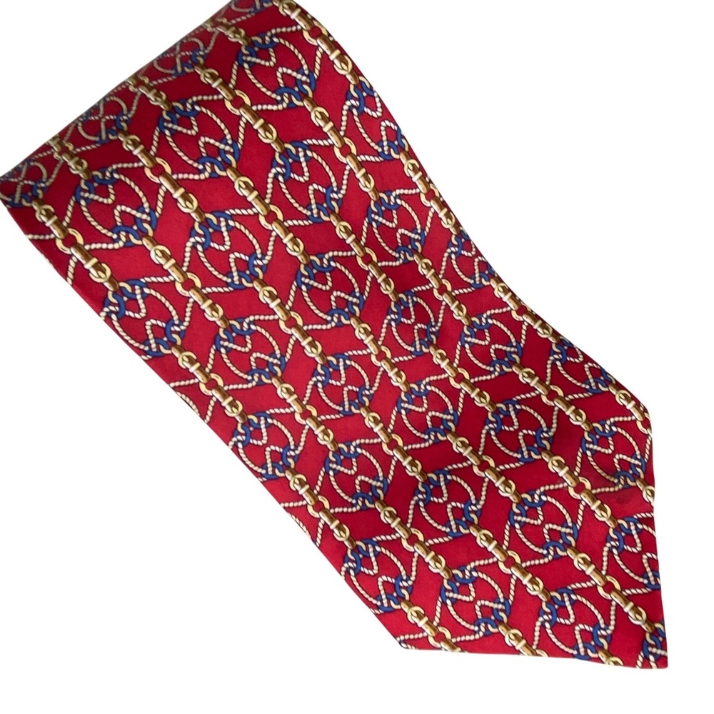 VTG Bergere Tie Mens X-Long Red Silk Equestrian‎ Nautical Old Money Classic 63x4